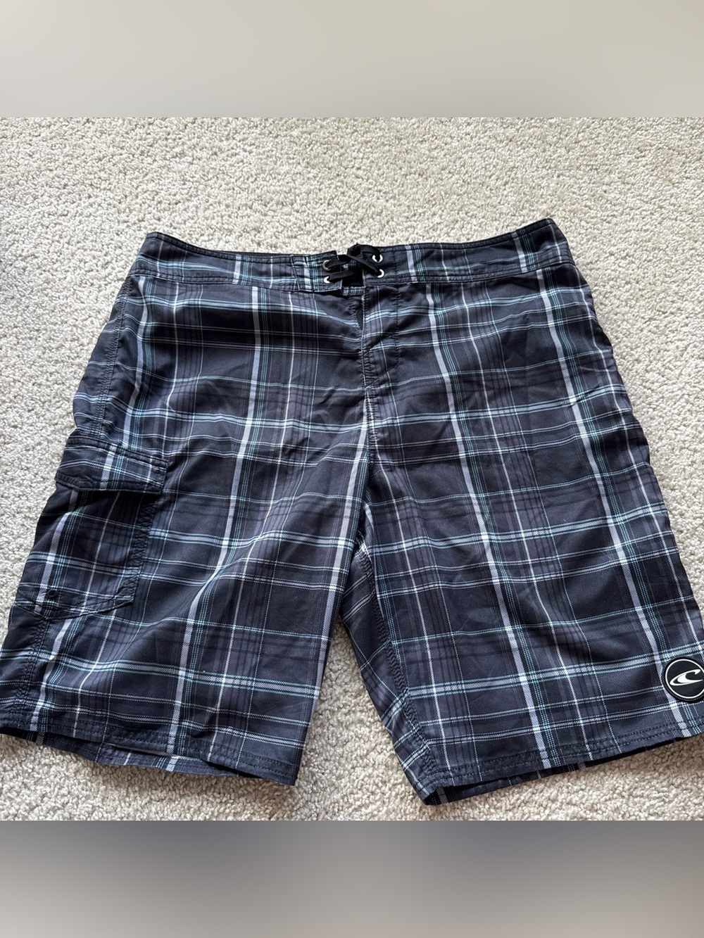 O’neill Men’s Navy Plaid Board Shorts with Waist Tie and Side Cargo Pocket